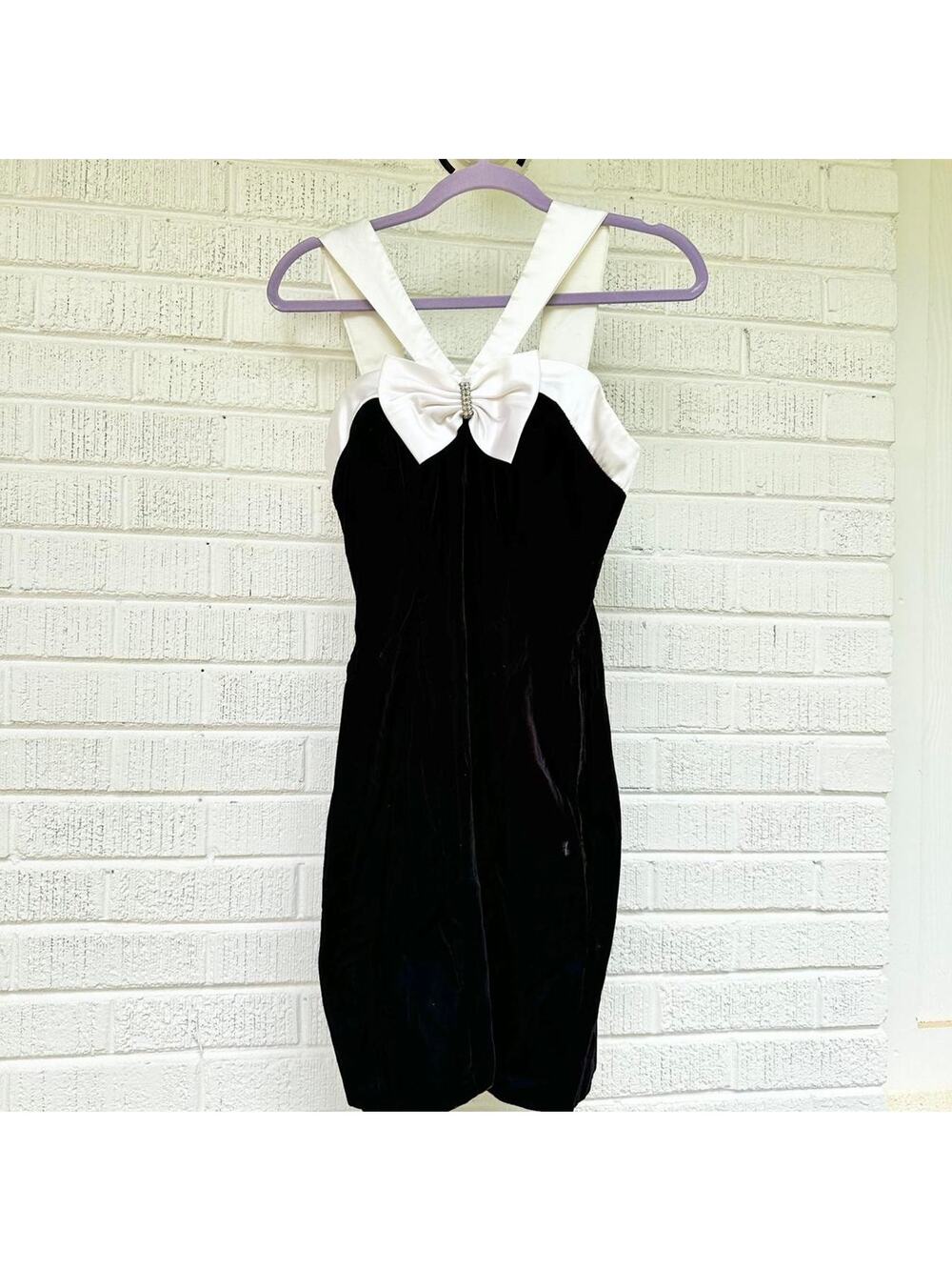 L.A. Glo Vintage 90's Black Velvet White Rhinestone Bow Mini Dress